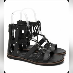 Sorel Ella Lace-Up Gladiator Sandal in Black Leather Sz 9.5
